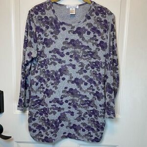 Bonnie Evans Knit Top Sz Small Gray Purple Abstract  3/4 Sleeve Side Ruching